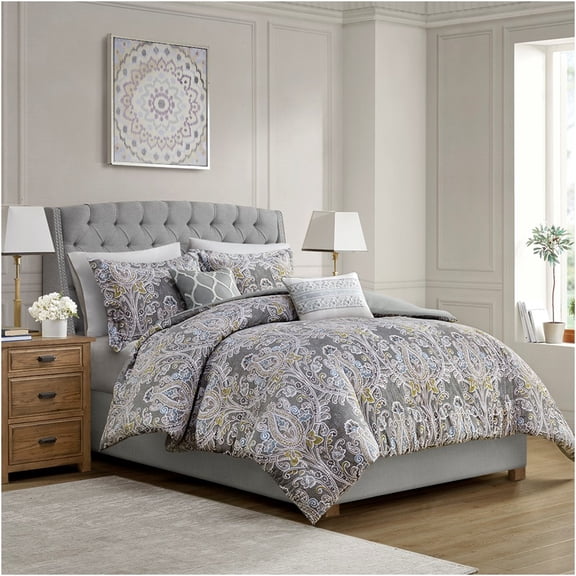 JERFIT King Size 5-Piece Damask Duvet Cover Set, Grey Cotton Sateen Bedding Set with Decorative Pillows