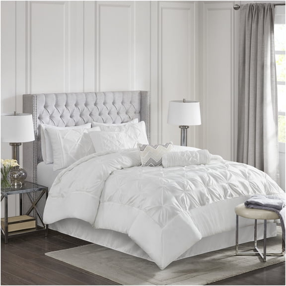 JERFIT King Size 7-Piece Bedding Set, All-Season Down Alternative Comforter Set with Ruffled Bed Skirt & Decorative Pillows, White Tufted Luxury Bedroom Decor