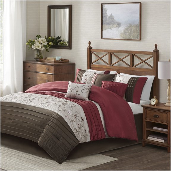 JERFIT King Size 7-Piece Comforter Set with Embroidered Floral Design, Red/Brown/Ivory, Wrinkle-Resistant & Hypoallergenic Polyester Bedding Collection