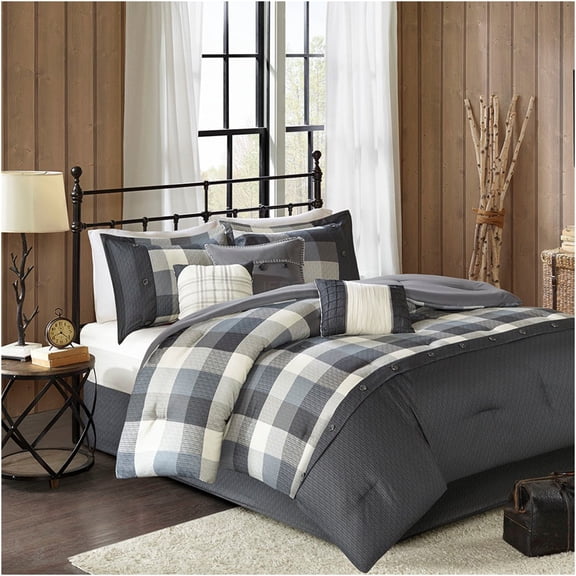 JERFIT King Size 7-Piece Comforter Set - Grey Herringbone Buffalo Plaid Bedding with Bed Skirt & Decorative Pillows