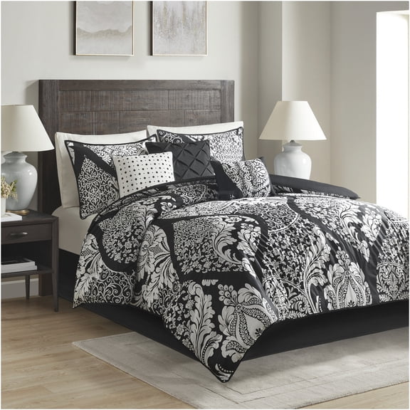 JERFIT King Size 7-Piece Comforter Set with Bed Skirt & Pillows, Black Damask Pattern, 100% Cotton Sateen, Hypoallergenic & OEKO-TEX Certified