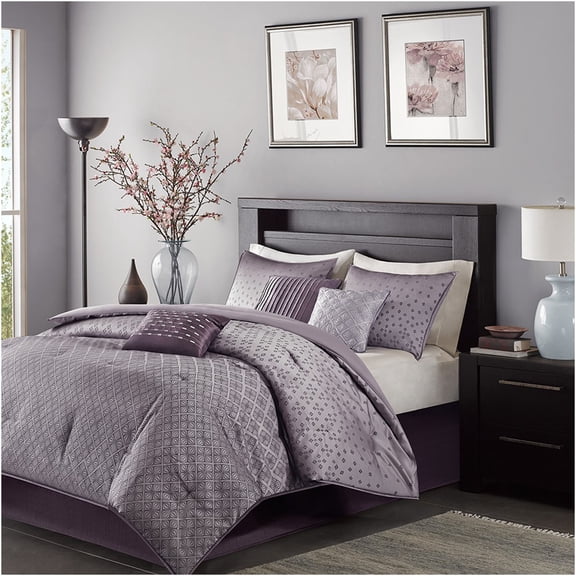 JERFIT King Size 7-Piece Jacquard Comforter Set with Sequins Look, Ombre Purple Bedding Set Includes Comforter, Shams, Skirt & Pillows