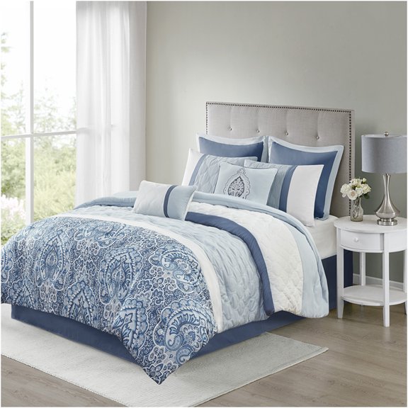 JERFIT King Size 8-Piece Comforter Set, Blue Quilted Bedding Ensemble with Diamond Stitching & Damask Print, Hypoallergenic Microfiber Polyester