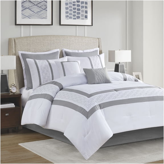 JERFIT King Size 8-Piece Embroidered Comforter Set, Hotel Luxury Bedding Collection in White and Grey, Hypoallergenic Polyester Microfiber