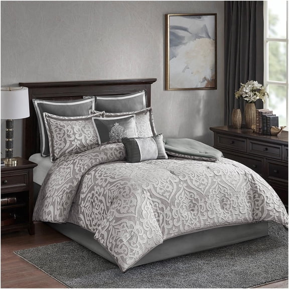 JERFIT King Size 8-Piece Jacquard Comforter Set, Silver Damask Medallion Bedding Ensemble with Comforter, Shams, Pillows & Bed Skirt