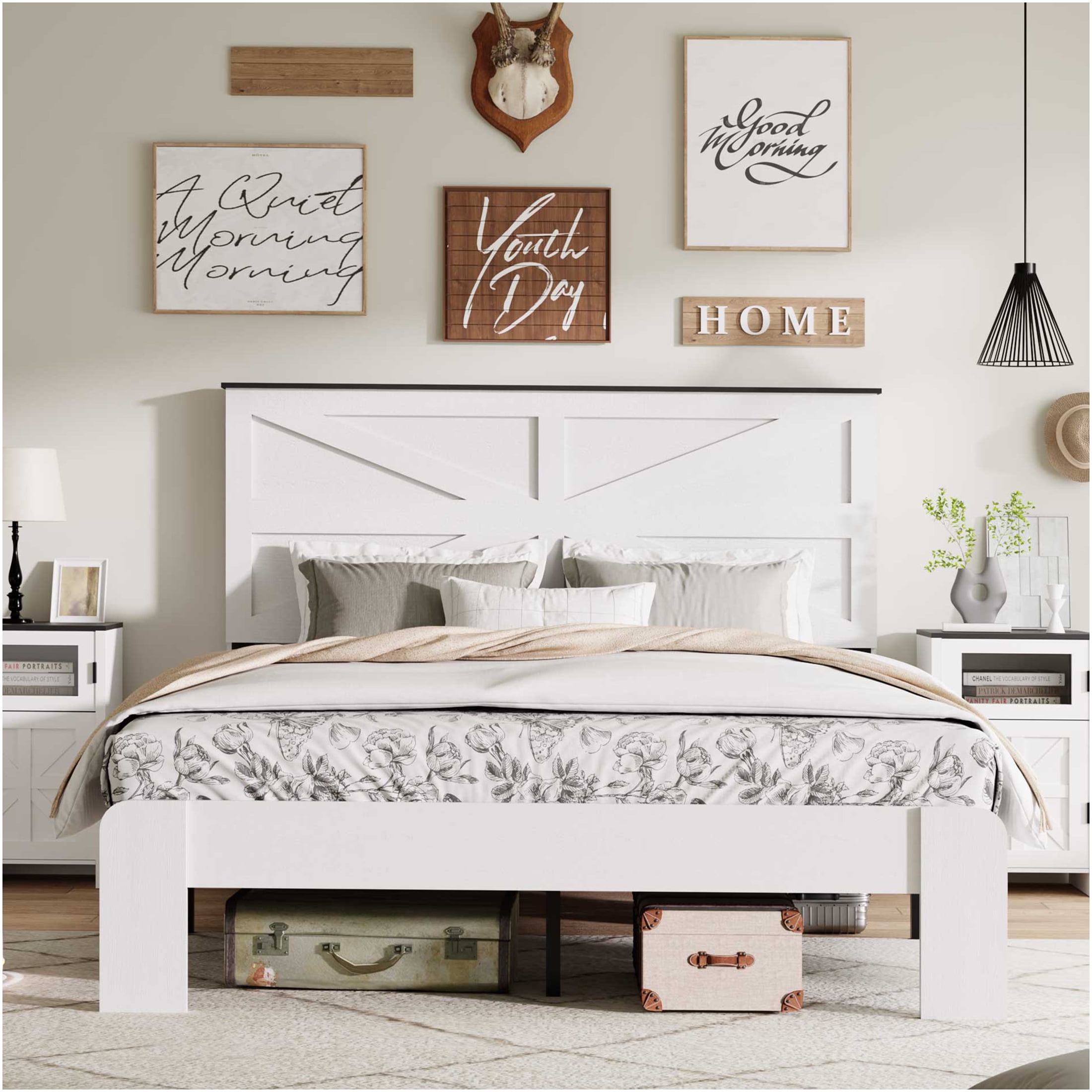 JERFIT King Size Bed Frame with Headboard, White Wood Platform Bed, No Box Spring Needed, Noise Free, Easy Assembly with Storage Space