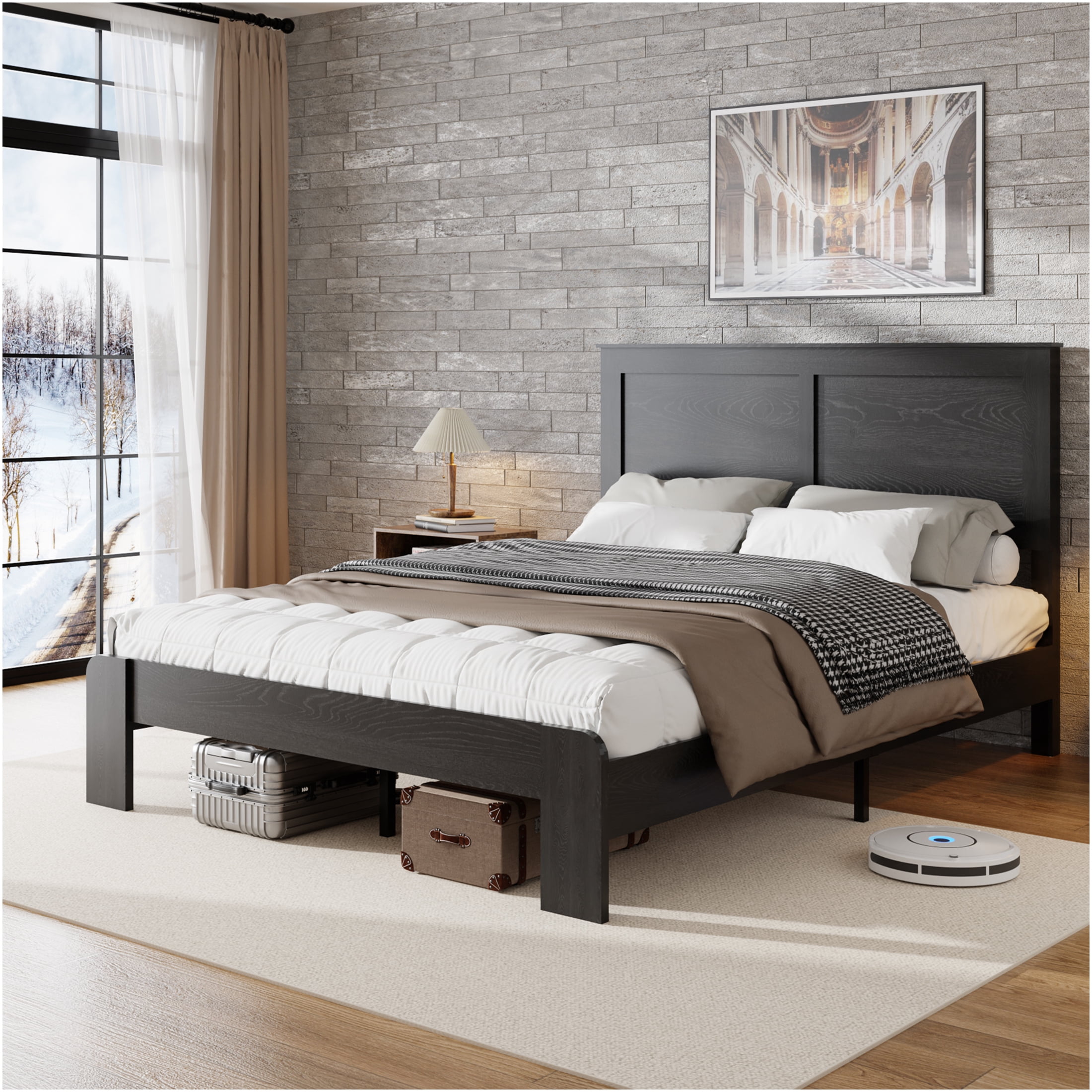 JERFIT King Size Bed Frame with Storage, Antique Black Wood Platform Bed, Noise Free Heavy Duty Metal Frame, No Box Spring Needed, Easy Assembly Tool