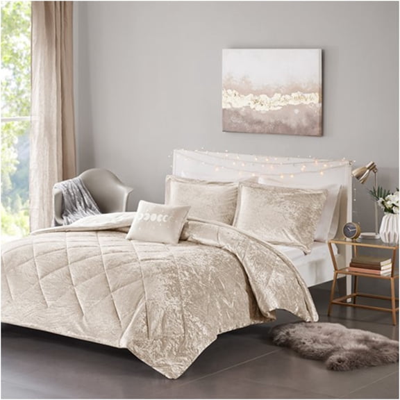 JERFIT King Size Champagne Crushed Velvet Comforter Set with Pillow Shams & Decorative Throw Pillow, Diamond Quilted Luxury Bedding Collection