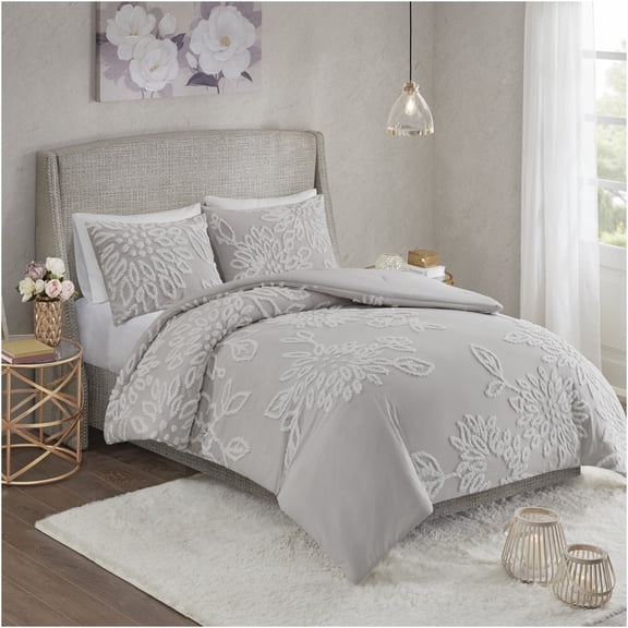 JERFIT King Size Chenille Comforter Set 3-Piece, Farmhouse Floral Bedding with Tufted Details, Grey and White, 100% Cotton