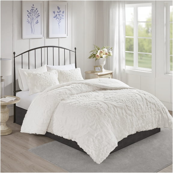 JERFIT King Size Comforter Set 3 Piece Off-White, 100% Cotton Chenille Bedding Set with Tufted Damask Pattern, Hypoallergenic, Machine Washable