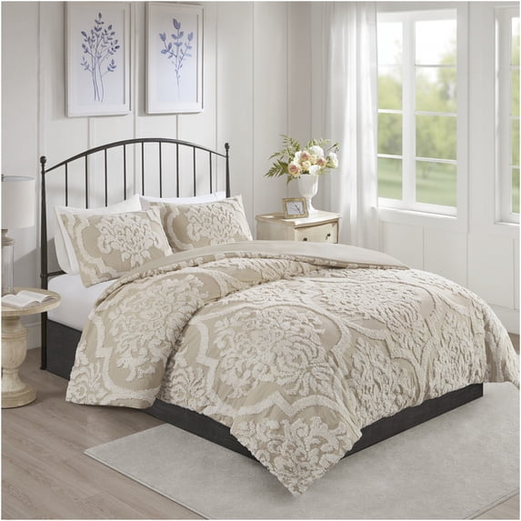 JERFIT King Size Comforter Set 3-Piece, Taupe Tufted Chenille Bedding, Damask Pattern, Hypoallergenic Polyester Filling, Machine Washable