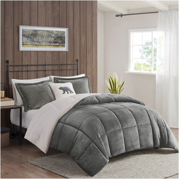JERFIT King Size Comforter Set, Charcoal and Ivory Plush & Sherpa Reversible Down Alternative Bedding, Hypoallergenic, 8-Piece with Decorative Pillow