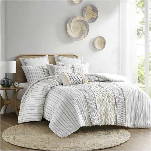 JERFIT King Size Comforter Set - Ivory Geometric Chenille Bedding Set with 2 Shams, 100% Cotton, OEKO-TEX Certified