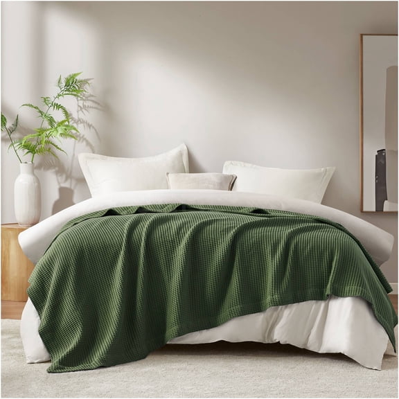 JERFIT King Size Cotton Waffle Blanket, Ultra Soft & Breathable Green Summer Weight Throw, 100% Cotton, OEKO-TEX Certified, Machine Washable