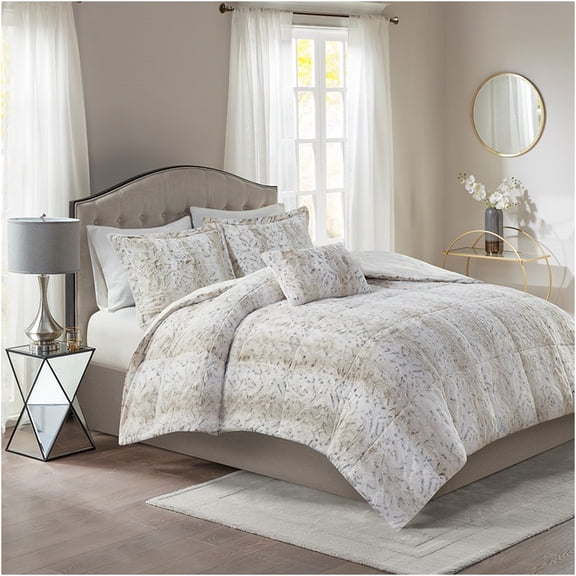 JERFIT King Size Faux Fur Comforter Set 4PC, Ultra Soft Reversible Faux Mink Bedding Set with Decorative Pillow, Hypoallergenic & OEKO-TEX Certified, Beige Brown
