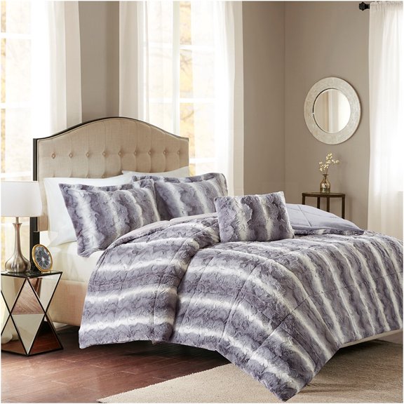 JERFIT King Size Faux Fur Comforter Set, Grey 4 Piece Bedding Set with Mink Reverse, Ultra Soft Hypoallergenic Polyester, Machine Washable
