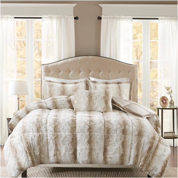 JERFIT King Size Faux Fur Comforter Set, Ultra Soft & Hypoallergenic Sand Color Faux Mink Bedding Collection with Shams
