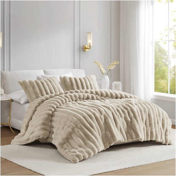 JERFIT King Size Faux Fur Comforter Set with Shams, Ultra Soft Ribbed Bedding, Taupe Luxury Down Alternative Quilt