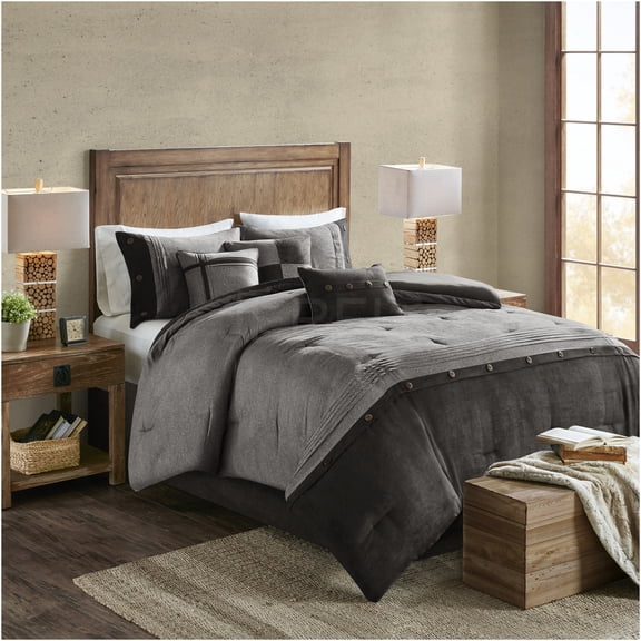 JERFIT King Size Faux Suede Comforter Set 7-Piece, Grey Lodge Cabin Style Bedding Set with Decorative Pillows