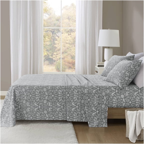 JERFIT King Size Flannel Sheet Set 4-Piece, 100% Cotton Printed Bedding Set with Sage Winter Fauna Pattern, Soft & Warm Brushed Fabric for All Seasons