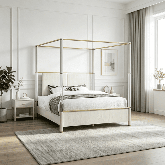 JERFIT King Size Four Poster Bed Frame with Upholstered Headboard, Oak Finish, Contemporary Solid Wood and MDF Platform Bed