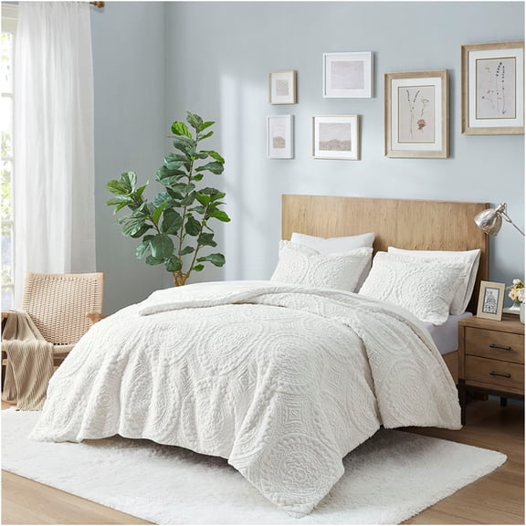 JERFIT King Size Ivory Embroidered Comforter Set, Ultra Plush Faux Fur & Mink Bedding, Hypoallergenic, Machine Washable, Includes 1 Comforter & 2 Shams