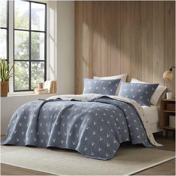 JERFIT King Size Matelasse Coverlet Set, Reversible Blue Jacquard Bedspread, 3-Piece Bedding Set with Stag Design, All-Season Luxury Comforter Cover