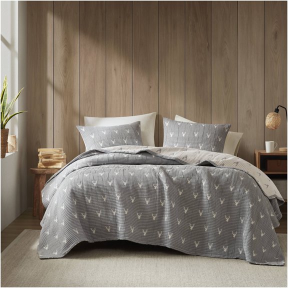 JERFIT King Size Matelasse Coverlet Set with Shams, Reversible Textured Stag Pattern, Grey Polyester Bedding for All Seasons
