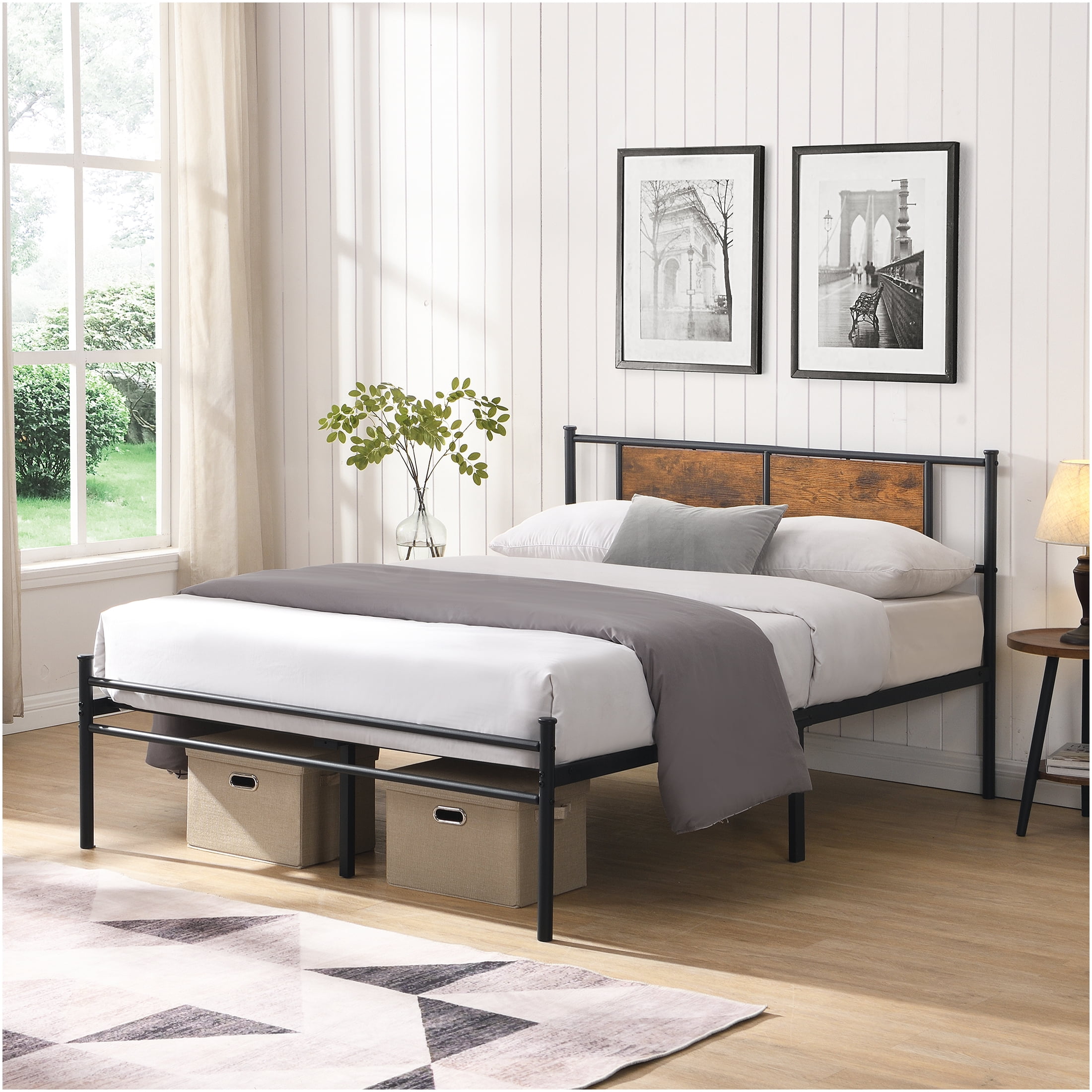 JERFIT King Size Metal Bed Frame with Headboard, 10.8" Underbed Storage Space, No Box Spring Needed, Heavy Duty 550lbs Capacity, Black Brown Modern Platform Bed