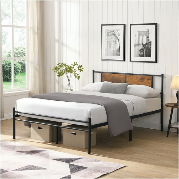 JERFIT King Size Metal Bed Frame with Headboard, 10.8" Underbed Storage Space, No Box Spring Needed, Heavy Duty 550lbs Capacity, Black Brown Modern Platform Bed