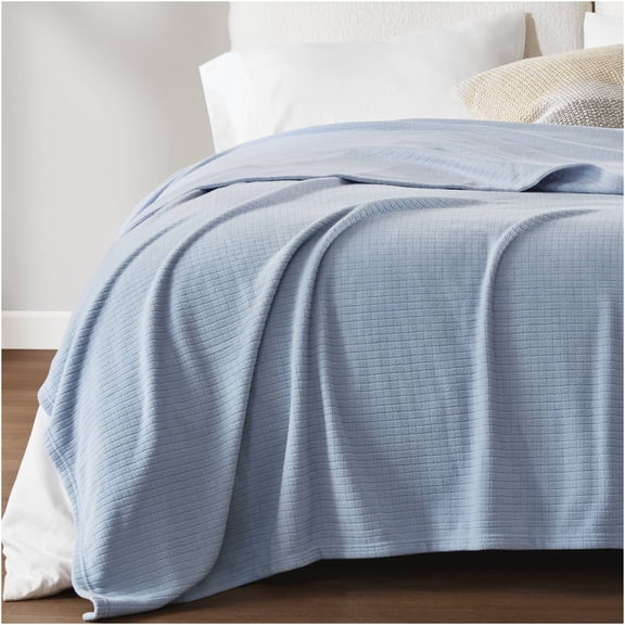 JERFIT King Size Microfleece Blanket, Ultra Soft & Lightweight All Season Bed Blanket, Anti-Pilling & Cozy Grid Pattern, Machine Washable, Blue