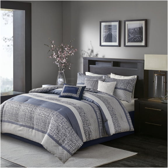 JERFIT King Size Navy Jacquard Comforter Set 7-Piece with Bed Skirt & Decorative Pillows, Luxury Stripe Bedding Collection