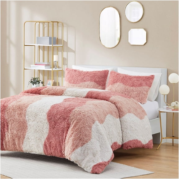 JERFIT King Size Ombre Faux Fur Comforter Set with Shams, Shaggy Tonal Wave Pattern, Hypoallergenic & Machine Washable, Blush Microfiber Reverse