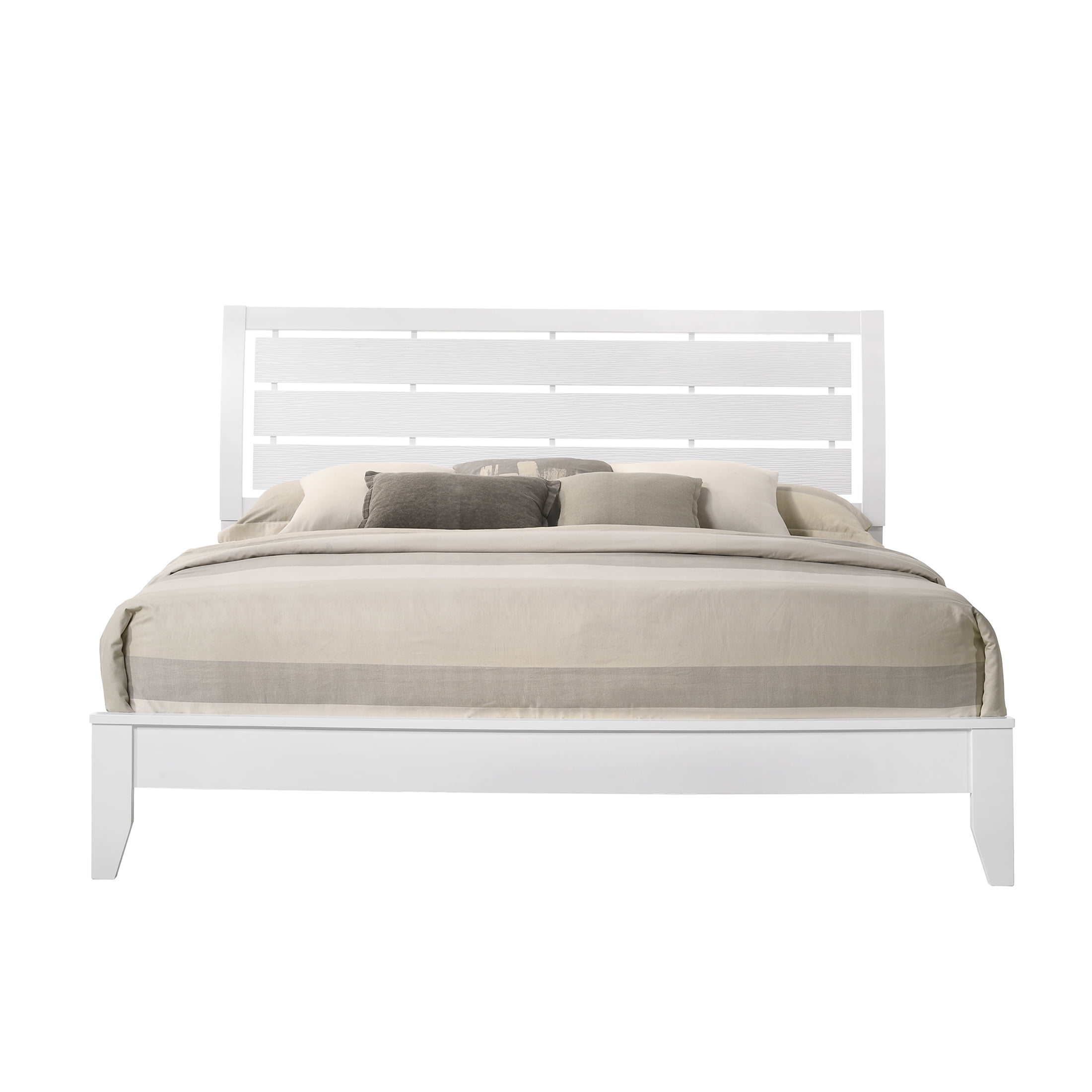 JERFIT King Size Panel Bed Frame with Geometric Headboard, White Wood Platform Bed with Slat Support, Low Profile Footboard Tapered Legs, Easy Assembly Modern Bedroom Furniture