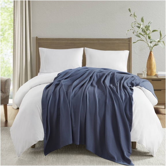 JERFIT King Size Plush Blanket, Navy Blue Carved Pattern 100% Ring Spun Cotton, Ultra Soft & No Pilling Thermal Throw for Bed Couch