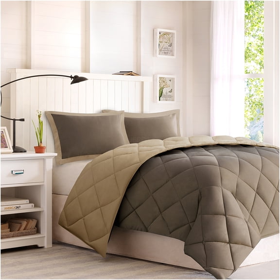 JERFIT King Size Reversible Comforter Set with 2 Pillow Shams, Brown Sand Down Alternative Bedding, 3M Scotchgard Stain Release, Hypoallergenic, Microfiber