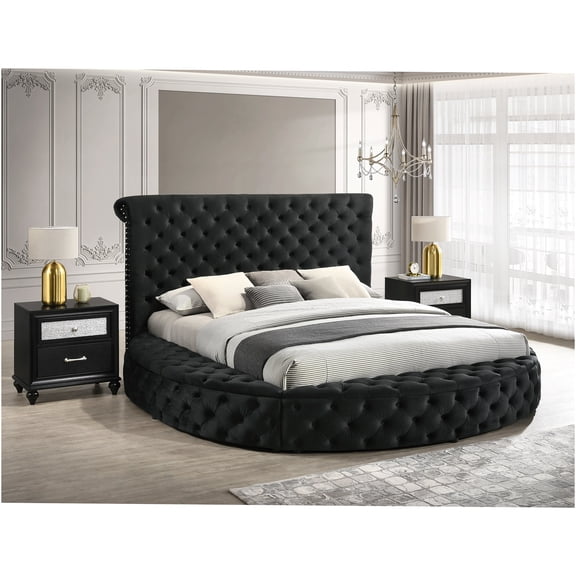 JERFIT King Size Round Velvet Upholstered Storage Bed Set with Nightstands, Black Button Tufted Platform Bed with Nailhead Trim for Bedroom