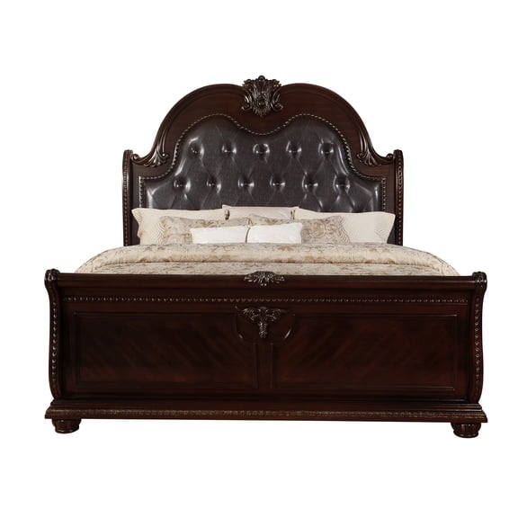 JERFIT King Size Sleigh Bed Frame with Button Tufted Faux Leather Headboard, Antique Brown Upholstered Panel Bed for Bedroom, Mattress Not Included