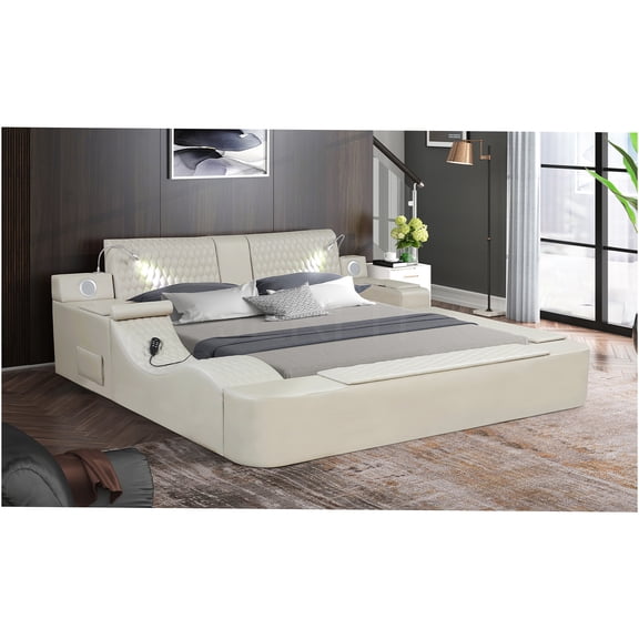 JERFIT King Size Smart Upholstered Bed with Massage, Bluetooth Speakers, Storage, USB Charging Station, and LED Lights in Beige Faux Leather