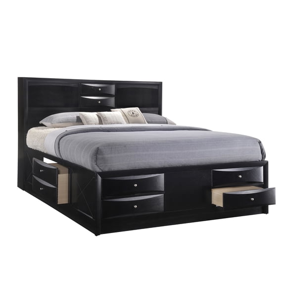 JERFIT King Size Storage Bed with Bookcase Headboard, Black Wood Captain's Bed with 12 Drawers for Bedroom