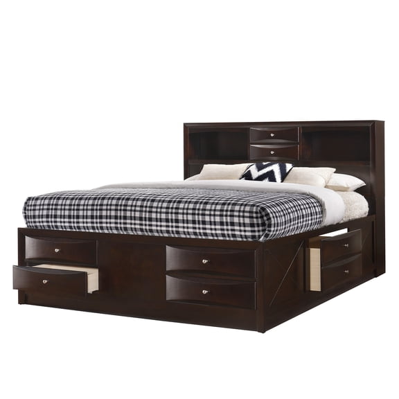 JERFIT King Size Storage Platform Bed with Bookcase Headboard, 6-Drawers, Cherry Finish, Solid Wood Contemporary Bedroom Furniture