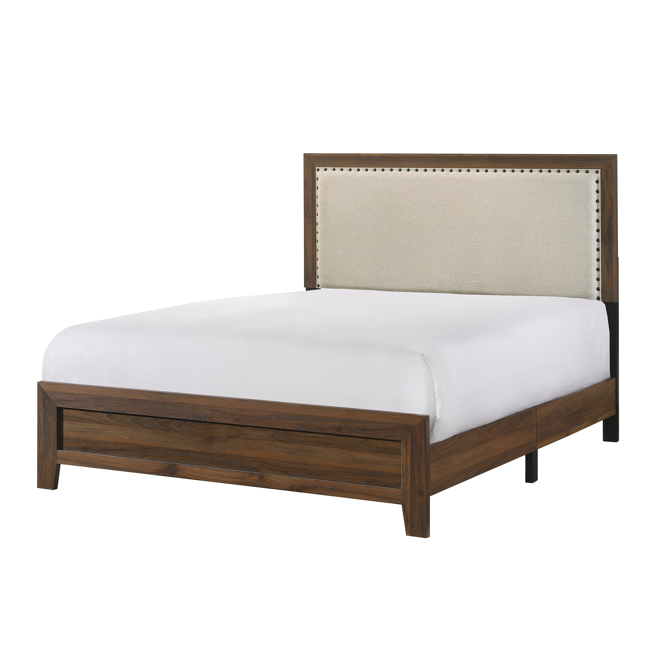 JERFIT King Size Upholstered Bed Frame with Button Tufted Headboard, Nailhead Trim, Brown Cherry Finish, Wood Panel Bed for Modern Bedroom