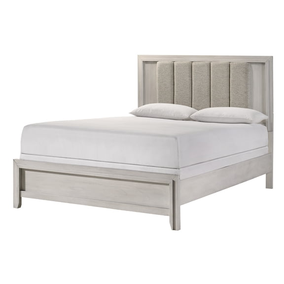 JERFIT King Size Upholstered Bed Frame with Channel Tufted Headboard, Antique White Wood Panel Bed for Modern Bedroom