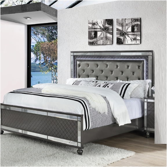 JERFIT King Size Upholstered Bed Frame with LED Headboard, Glam Mirror Inlay Storage, Gray Faux Leather Platform Bed, No Box Spring Needed