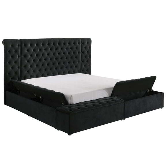 JERFIT King Size Upholstered Bed Frame with Storage, Black Velvet Platform Bed with Tufted Headboard for Master Bedroom