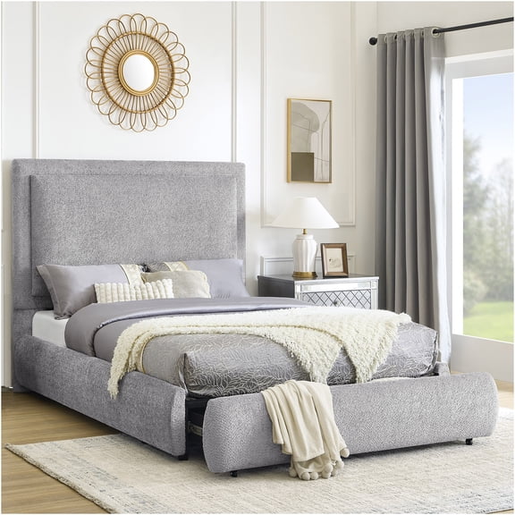 JERFIT King Size Upholstered Bed Frame with Storage, Modern Platform Bed with High Padded Headboard, Pewter Chenille Fabric, No Box Spring Needed