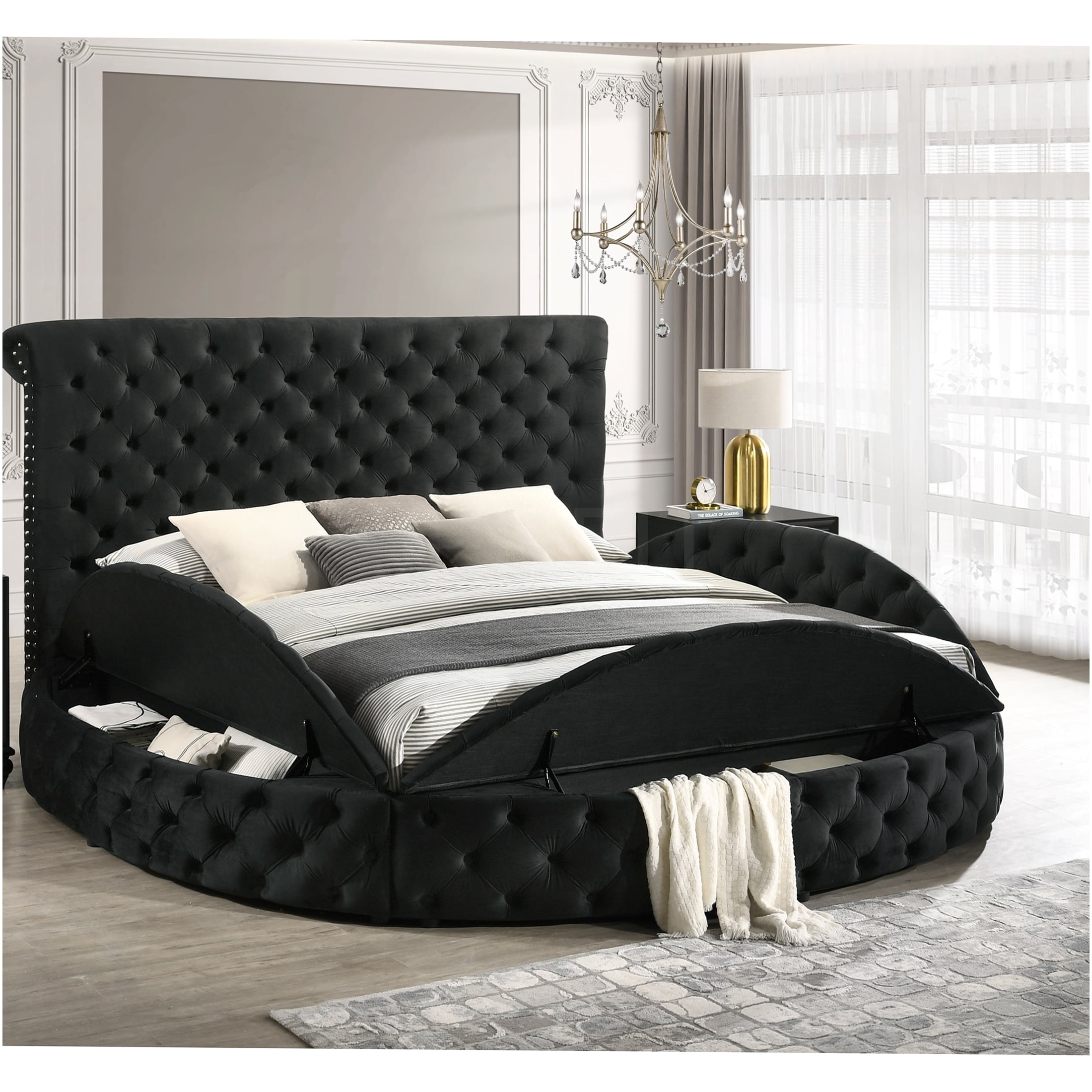 JERFIT King Size Upholstered Bed Frame with Storage, Round Tufted Headboard and Footboard, Modern Glam Velvet Platform Bed, Black