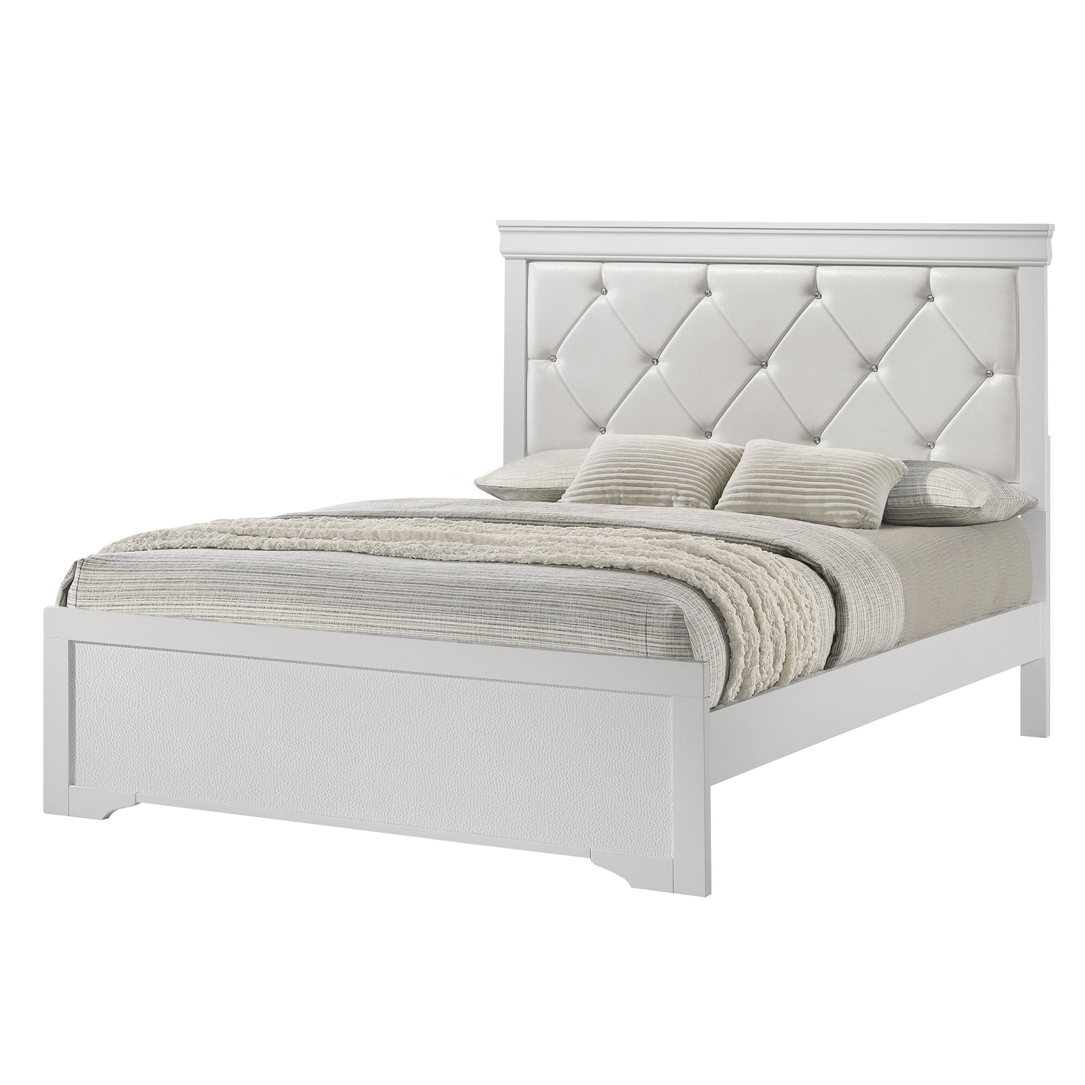 JERFIT King Size Upholstered Bed Frame with Tufted Headboard, Modern White Wood Platform Bed for Bedroom, No Box Spring Needed