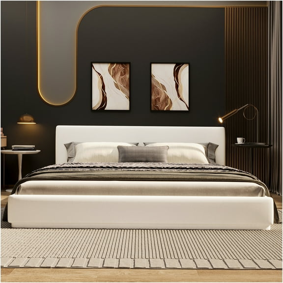 JERFIT King Size Upholstered Bed Frame with Velvet Headboard, Wood Slat Support Stable Metal Frame, White Modern Platform Bed