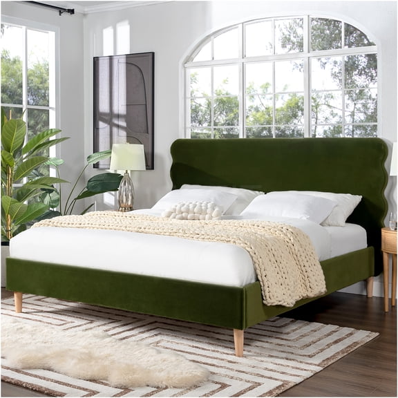 JERFIT King Size Upholstered Bed Frame with Wavy Headboard, Olive Green Velvet, No Box Spring Needed, Solid Wood Platform Bed